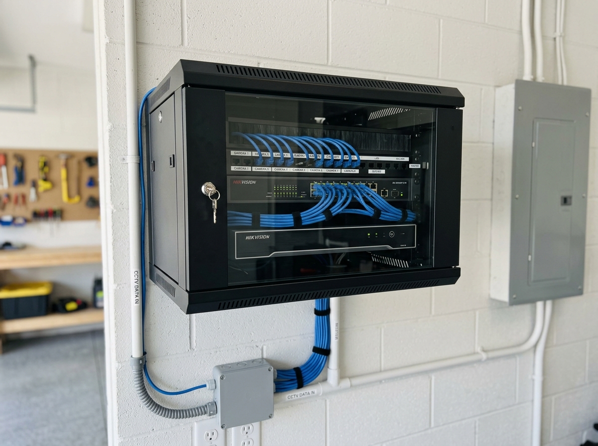 Professional wall-mounted network rack with immaculate Cat6 Ethernet cabling and NVR hookup